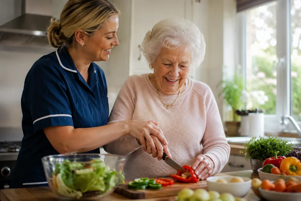 Care worker helping prepare a healthy meal